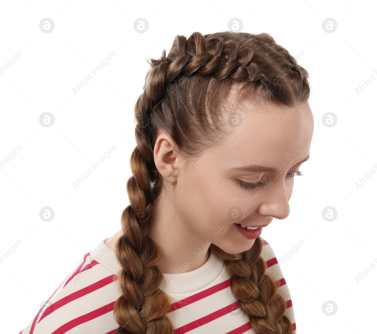 Photo of Woman with braided hair on white background