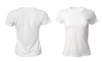 Image of Stylish t-shirts on white background. Space for design