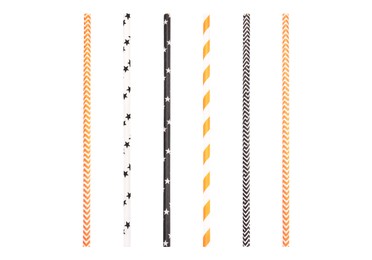 Image of Set of paper drinking straws with stars and stripes on white background