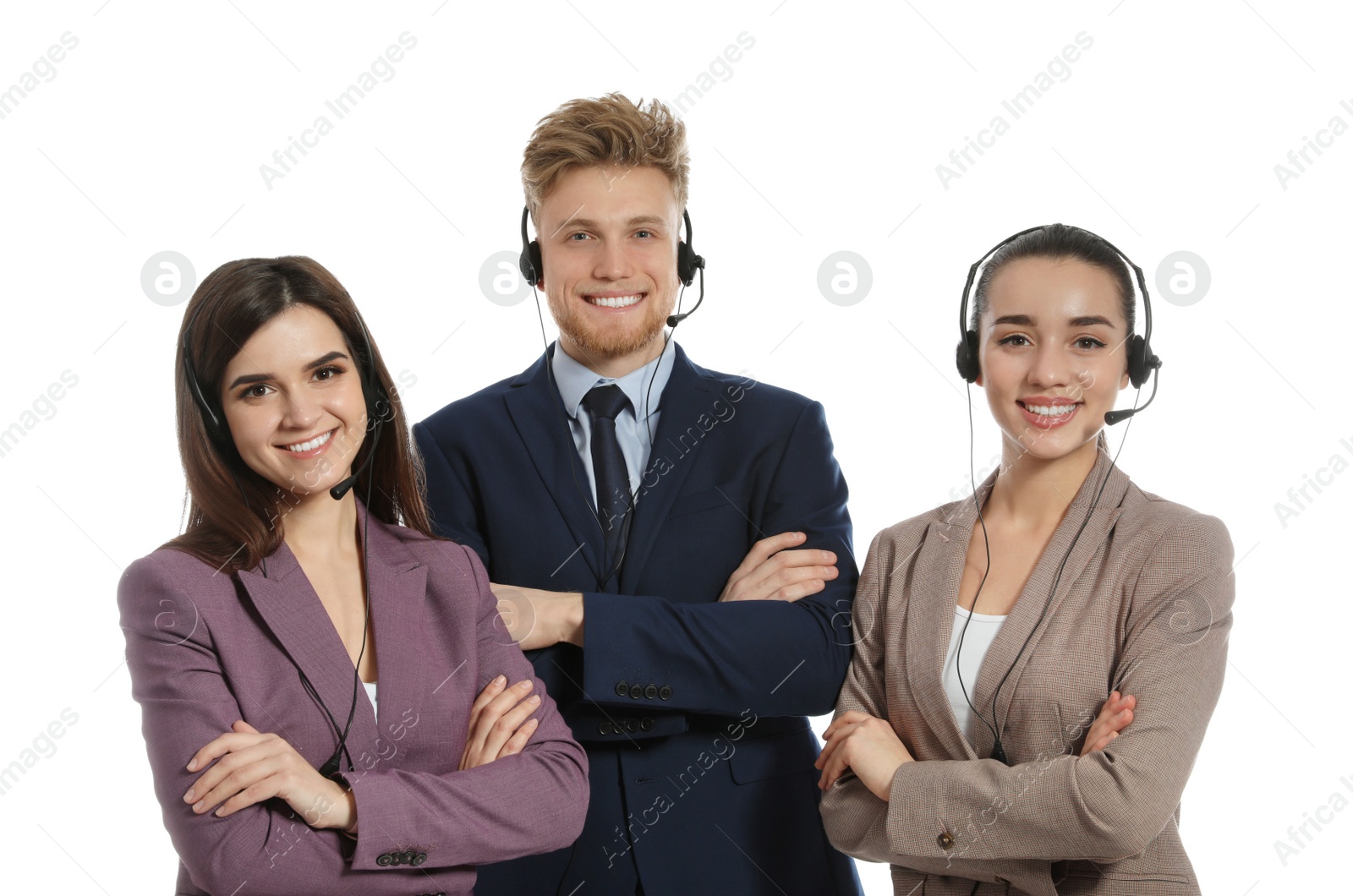 Photo of Technical support operators with headsets on white background