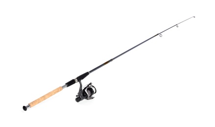 Modern fishing rod with reel on white background