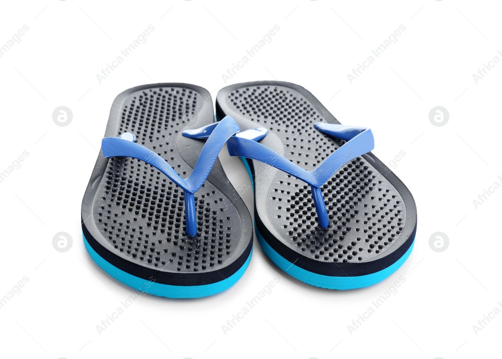 Photo of Stylish black flip flops isolated on white