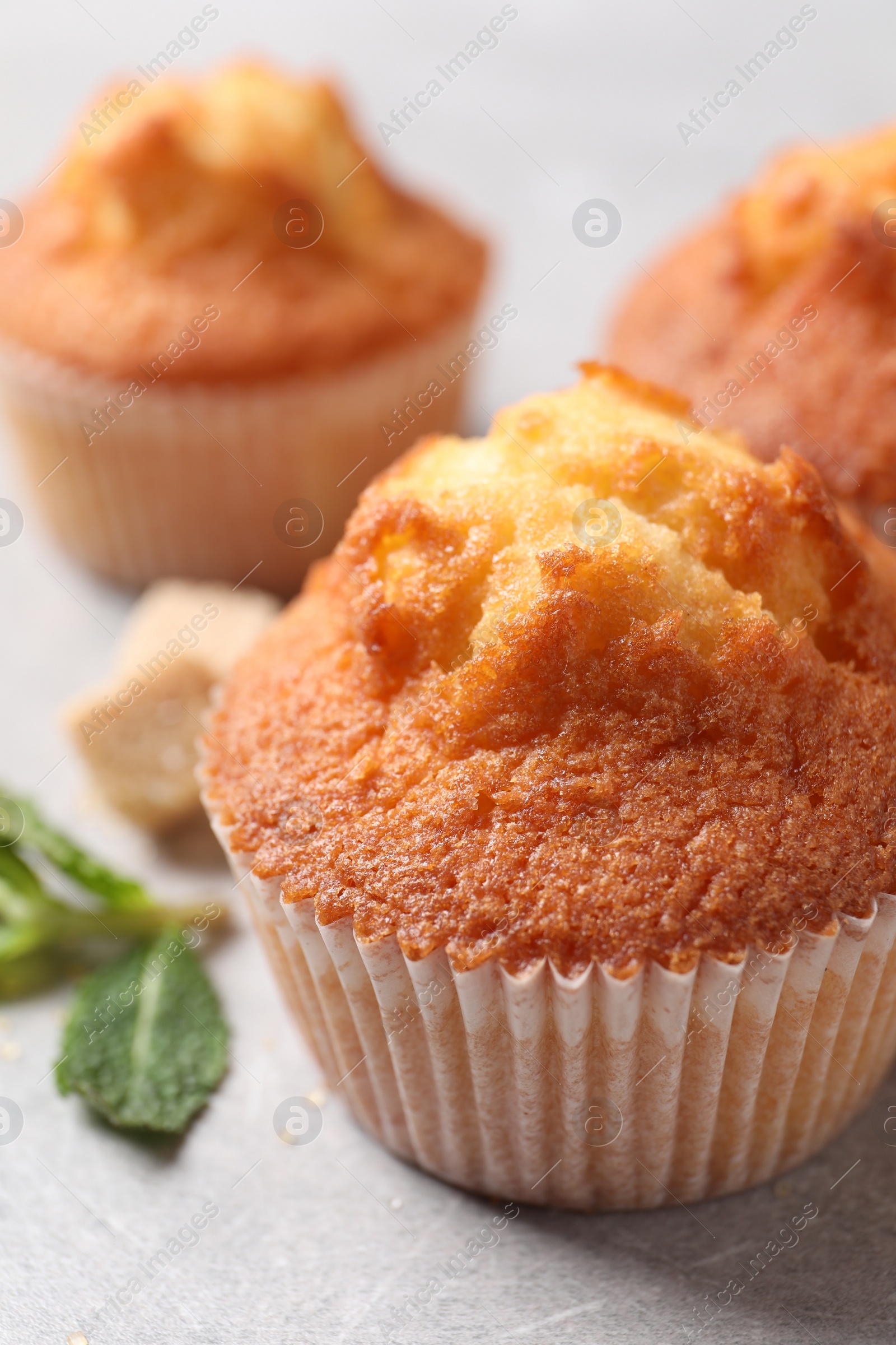 Photo of Delicious sweet muffins on light grey textured table, closeup