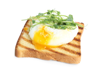 Delicious poached egg sandwich isolated on white