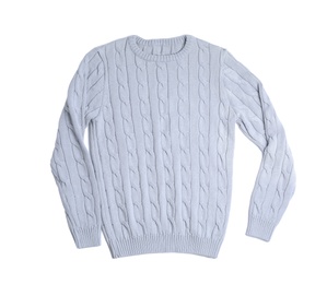 Light knitted sweater on white background, top view