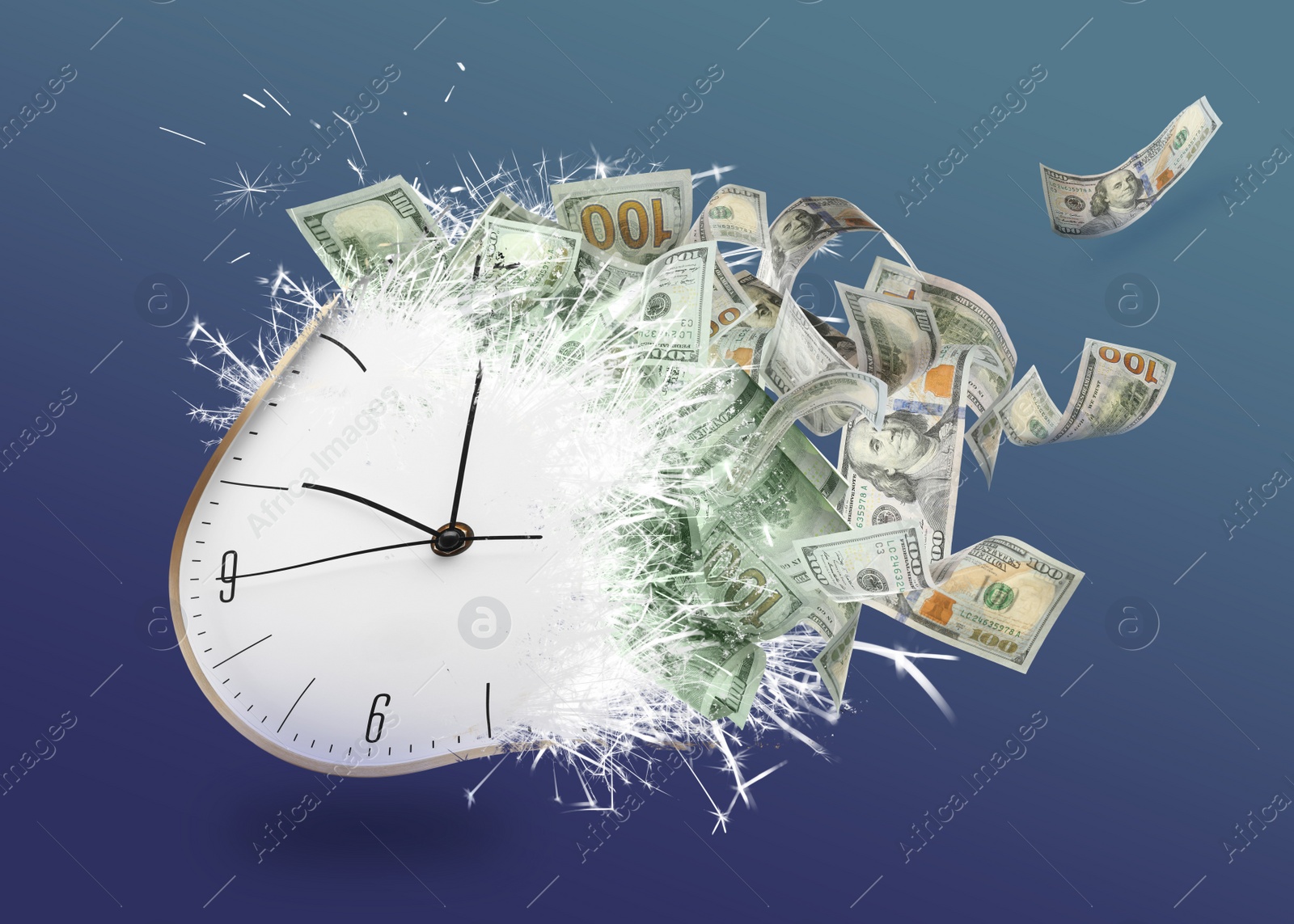 Image of Time is money. Clock converting into dollar banknotes on blue background