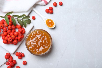 Delicious rowan jam and berries on light table. Space for text