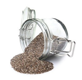 Photo of Chia seeds scattered from glass jar isolated on white