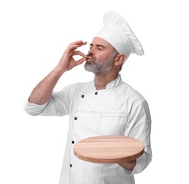 Chef in uniform with wooden board showing perfect sign on white background