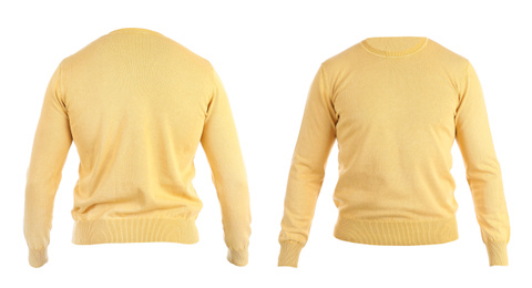 Image of Stylish warm yellow sweater isolated on white, back and front 