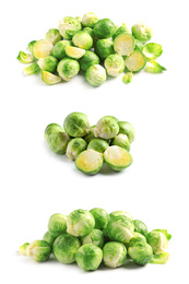 Set of fresh Brussels sprouts on white background