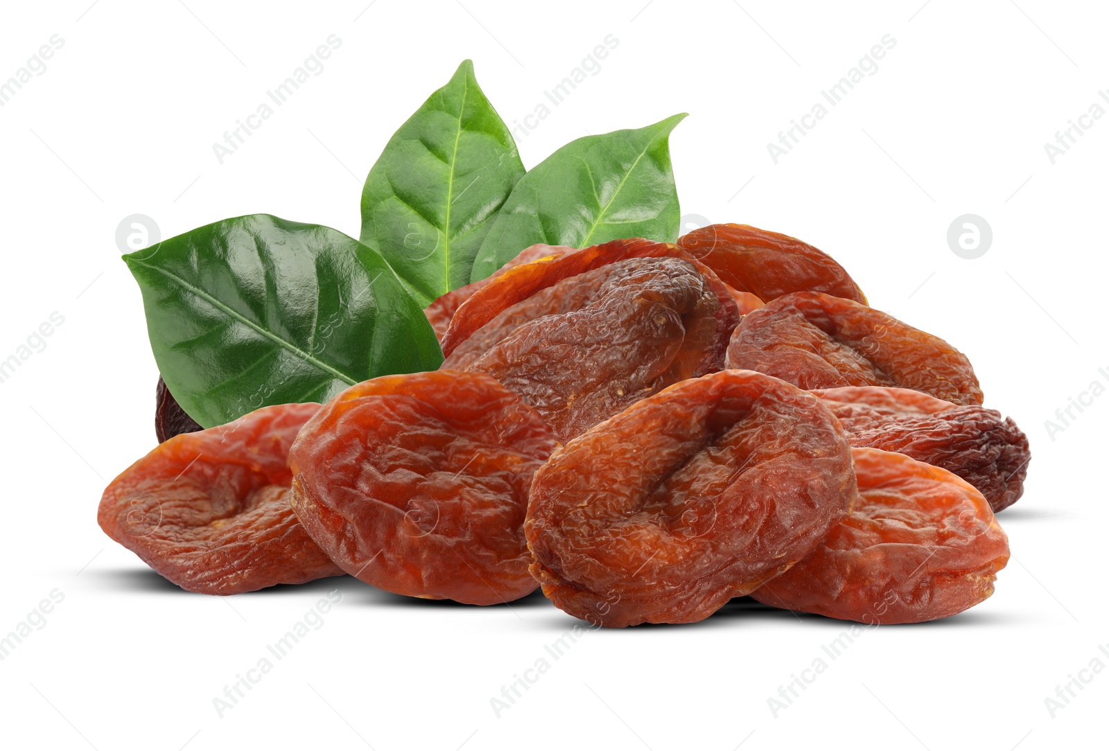 Image of Tasty dried apricots and green leaves on white background