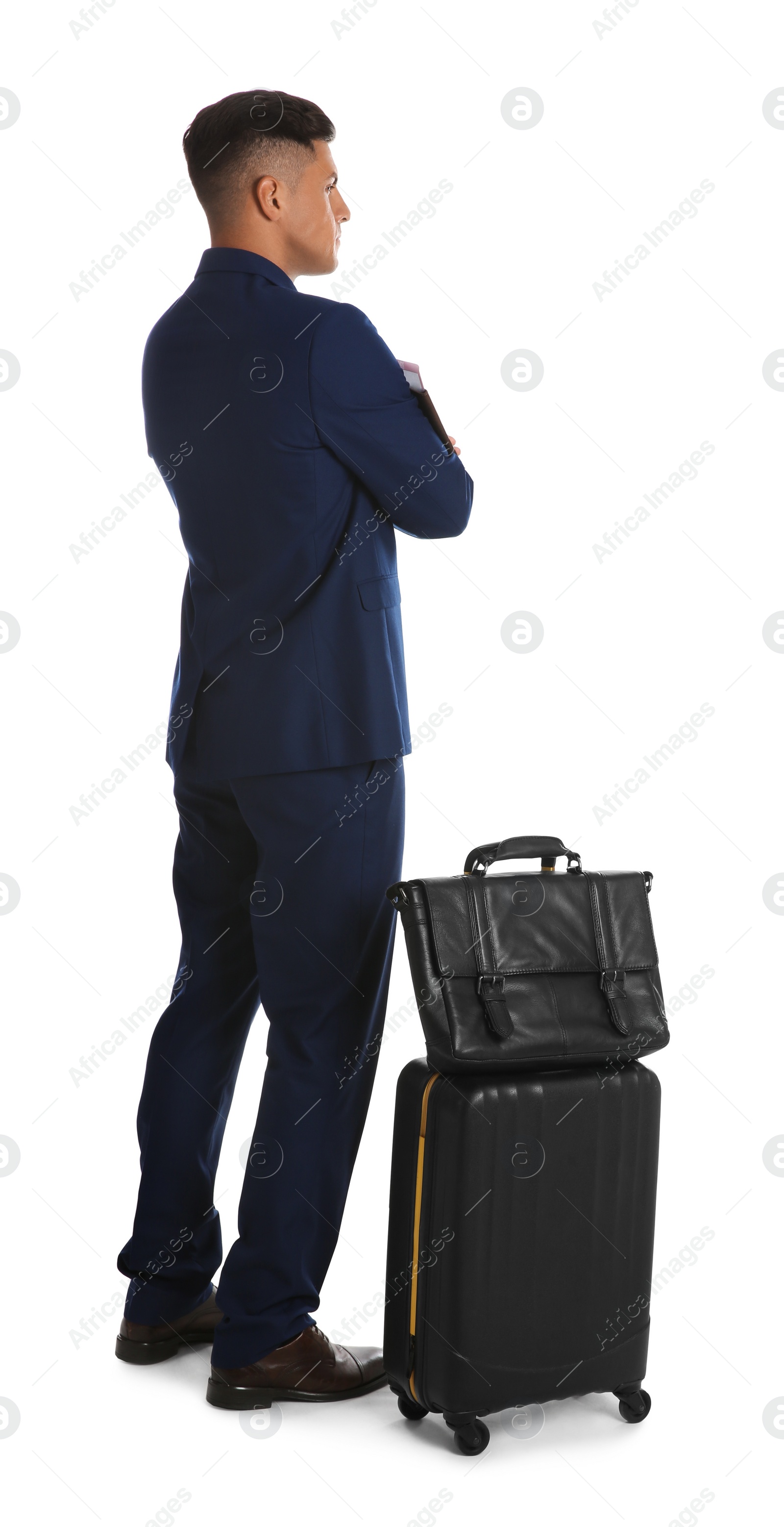 Photo of Businessman with suitcase and bag for vacation trip on white background. Summer travelling