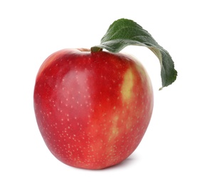 Photo of Juicy red apple with green leaf on white background