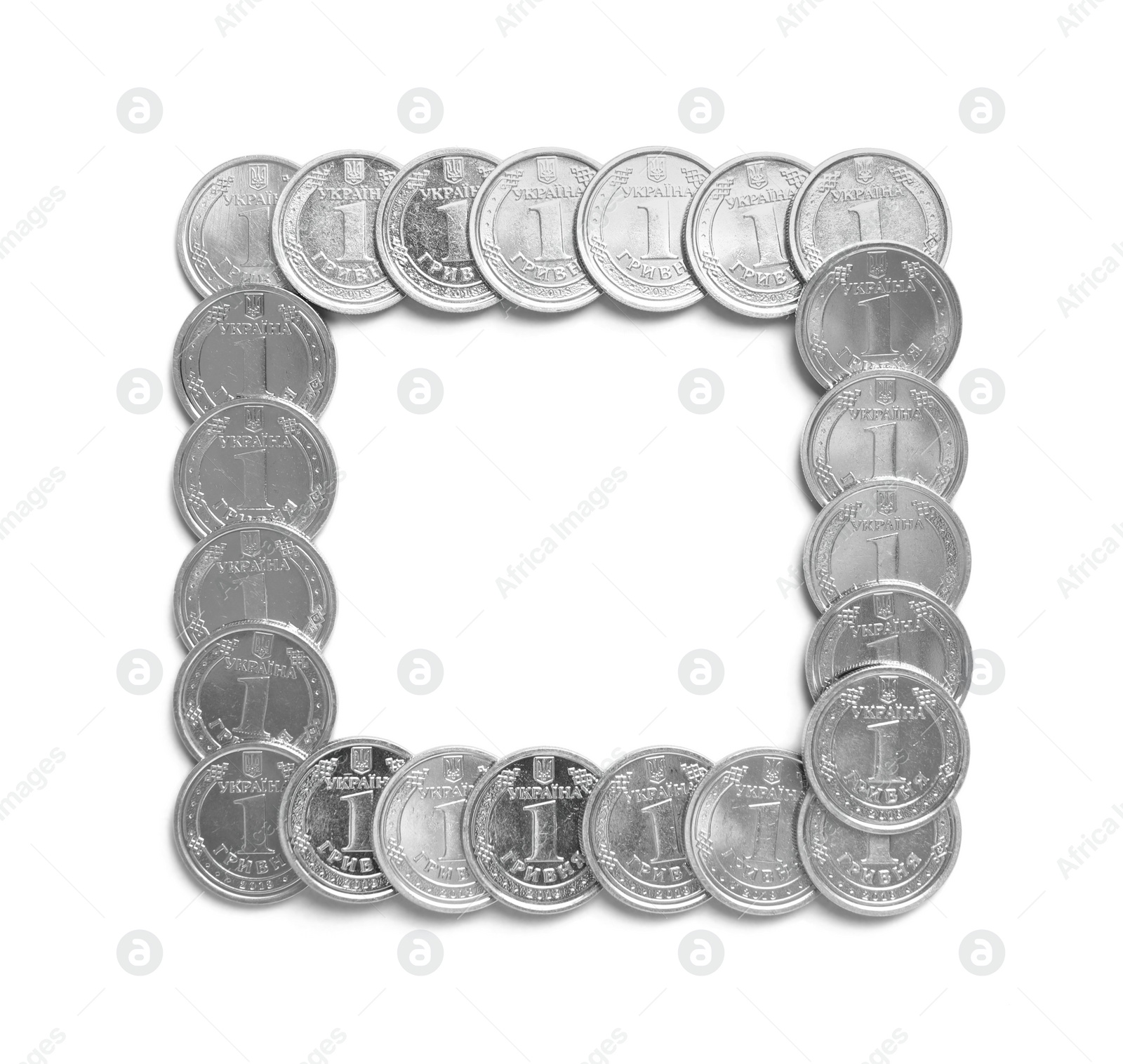 Photo of Frame of Ukrainian coins on white background, top view. National currency