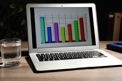 Photo of Laptop with chart on screen. Modern workplace