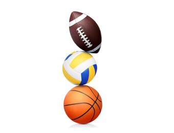 Image of Stack of different sport balls on white background