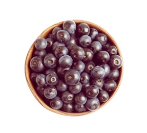 Photo of Bowl with fresh acai berries on white background