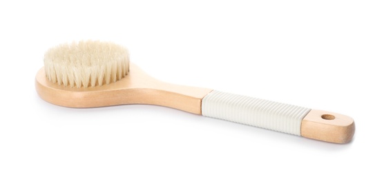 Bath brush made of bamboo on white background