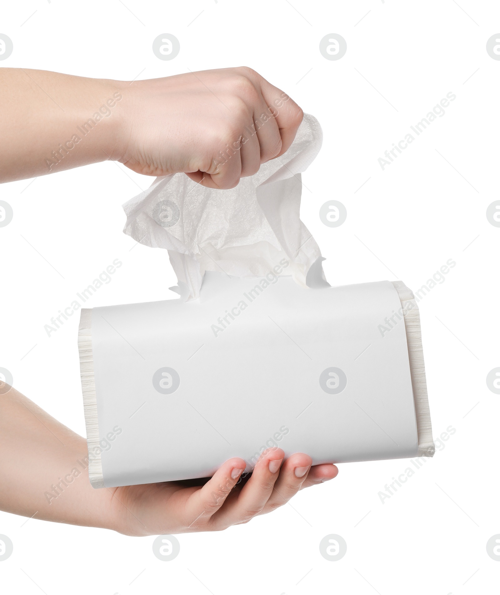 Photo of Woman taking paper towel on white background, closeup