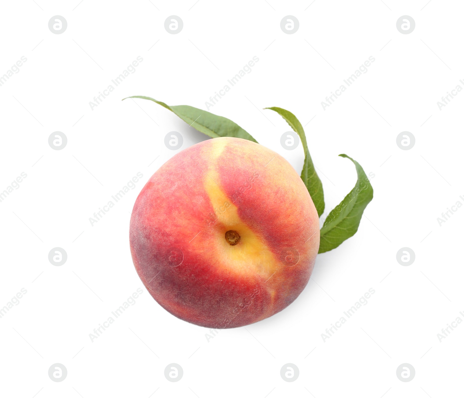 Photo of Delicious ripe juicy peach with leaves isolated on white, top view