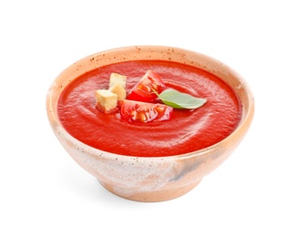 Photo of Bowl with fresh homemade tomato soup on white background