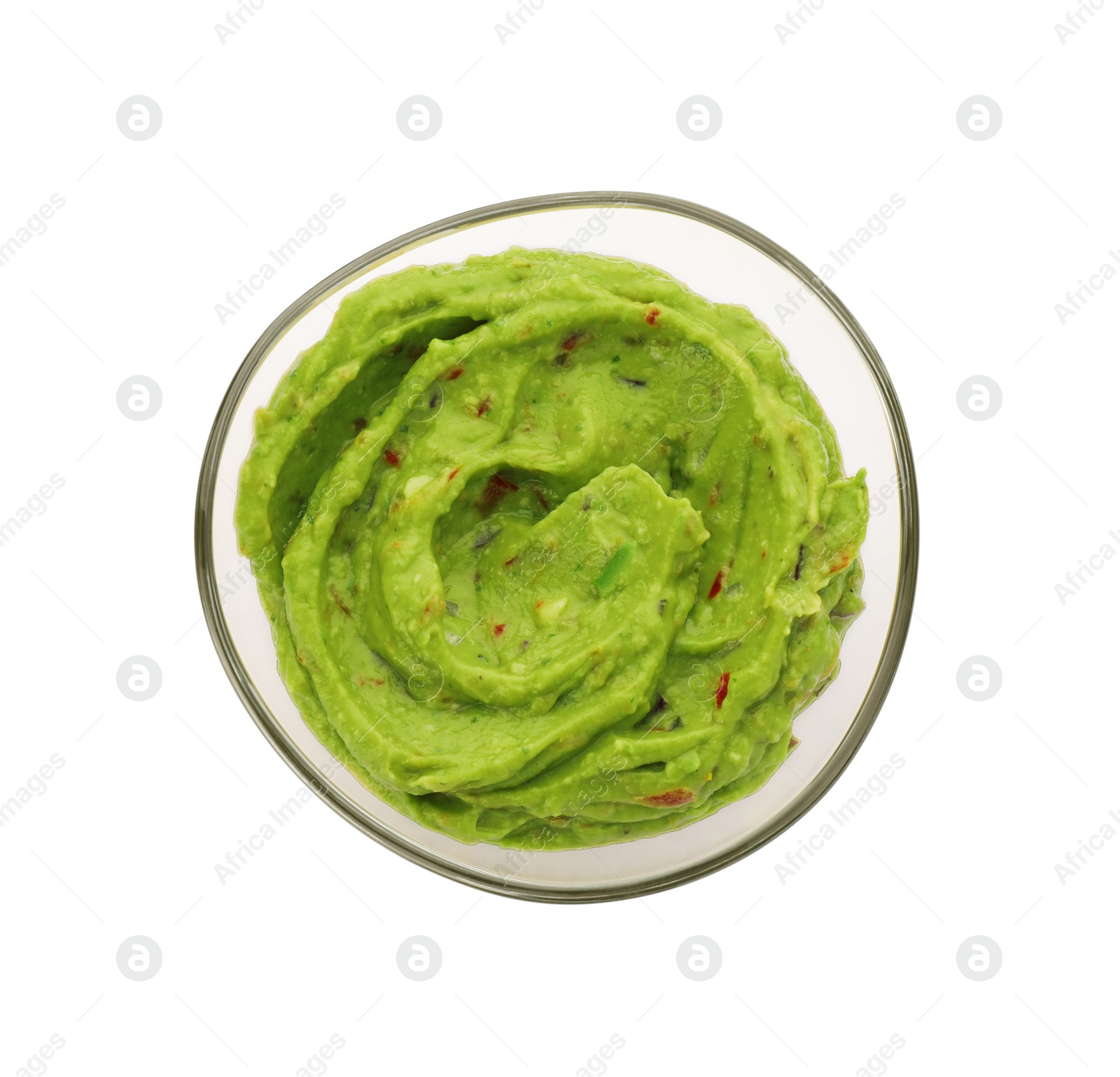 Photo of Bowl of delicious guacamole isolated on white, top view