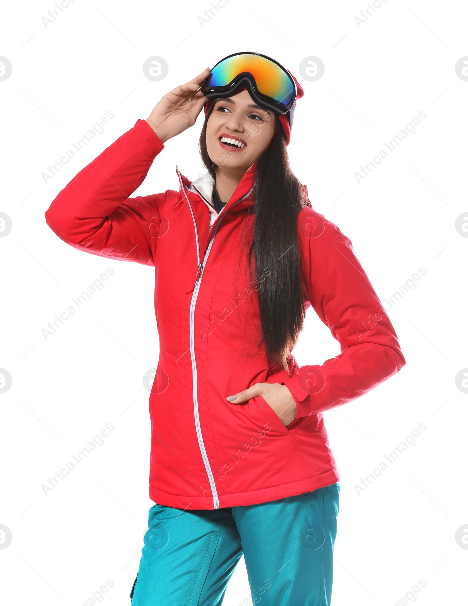 Photo of Woman wearing stylish winter sport clothes on white background