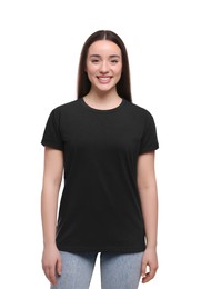 Woman wearing stylish black T-shirt on white background