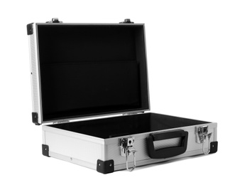 Photo of Open aluminum hard case on white background