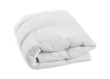 Photo of Folded clean blanket on white background. Household textile