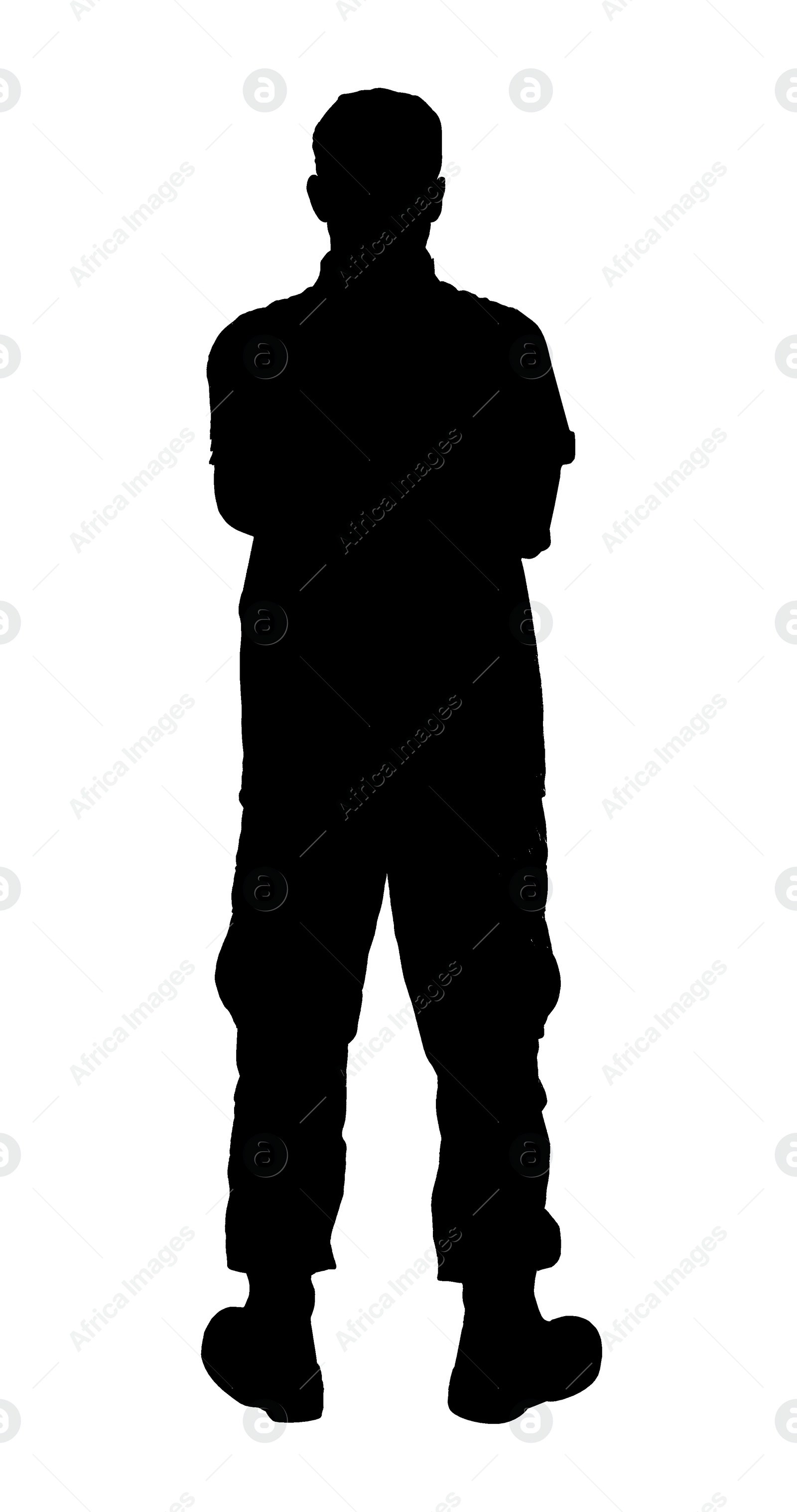 Image of Silhouette of soldier in uniform on white background. Military service