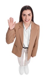 Photo of Beautiful young businesswoman gesturing on white background, above view