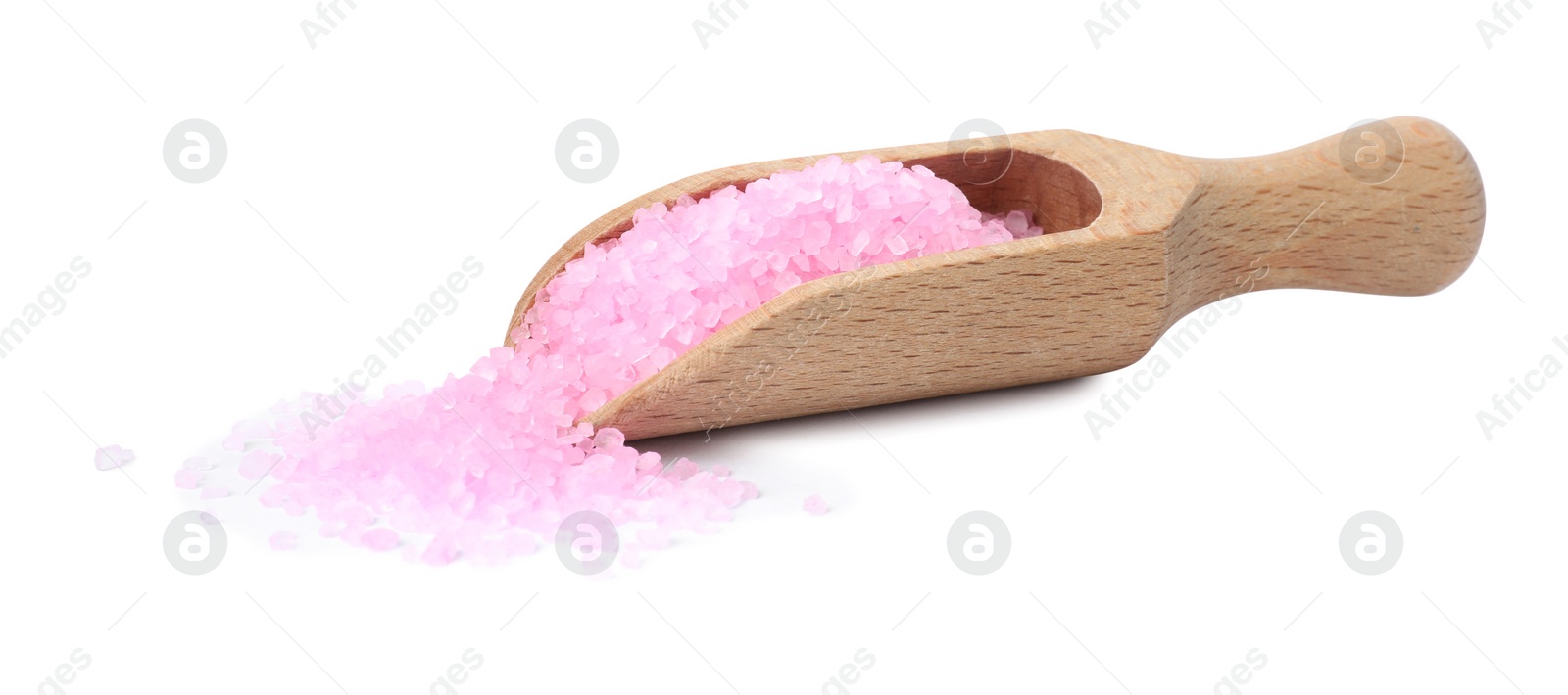 Photo of Wooden scoop with pink sea salt on white background