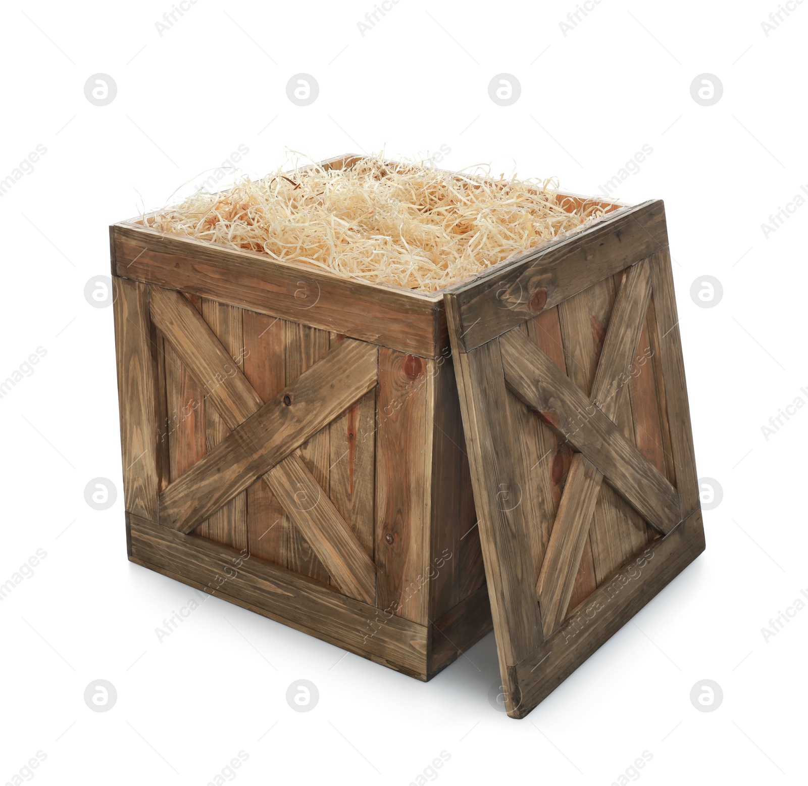 Photo of Old open wooden crate with filler and lid isolated on white