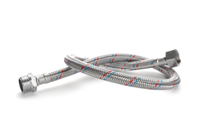 Photo of New flexible hose on white background. Plumber's supply