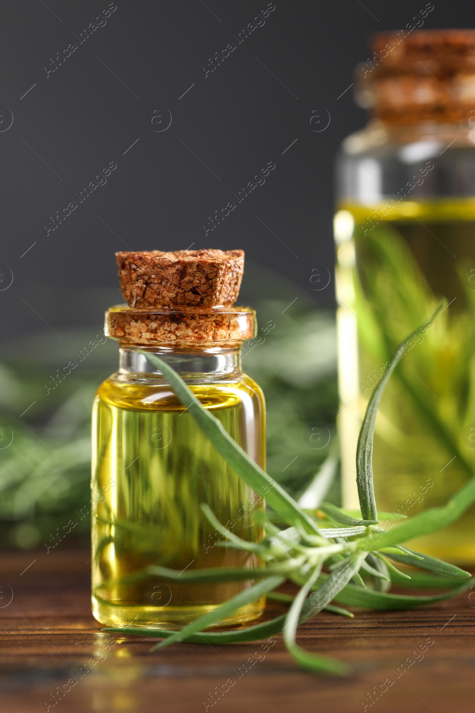 Photo of Bottle of essential oil and fresh tarragon leaves on wooden table, closeup