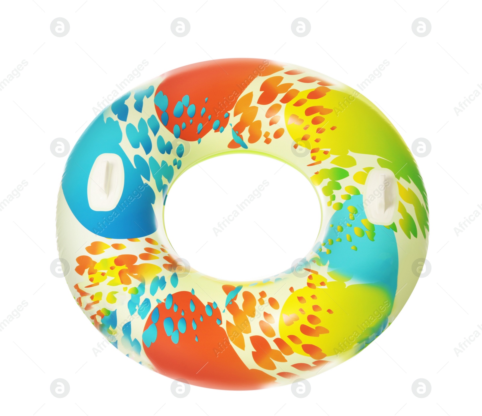 Photo of Bright inflatable ring on white background. Summer holidays