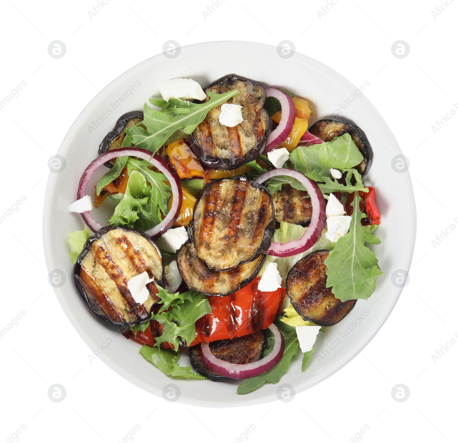 Photo of Delicious salad with roasted eggplant, cheese and arugula isolated on white, top view