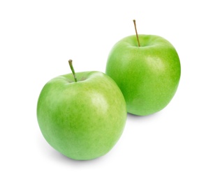 Photo of Fresh ripe green apples on white background