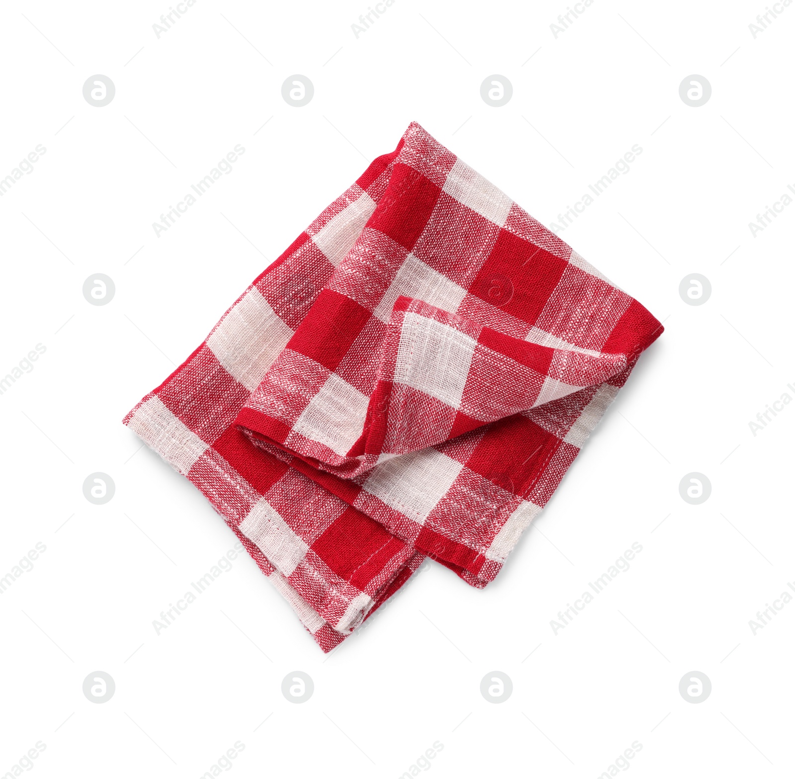 Photo of Red checkered tablecloth on white background, top view