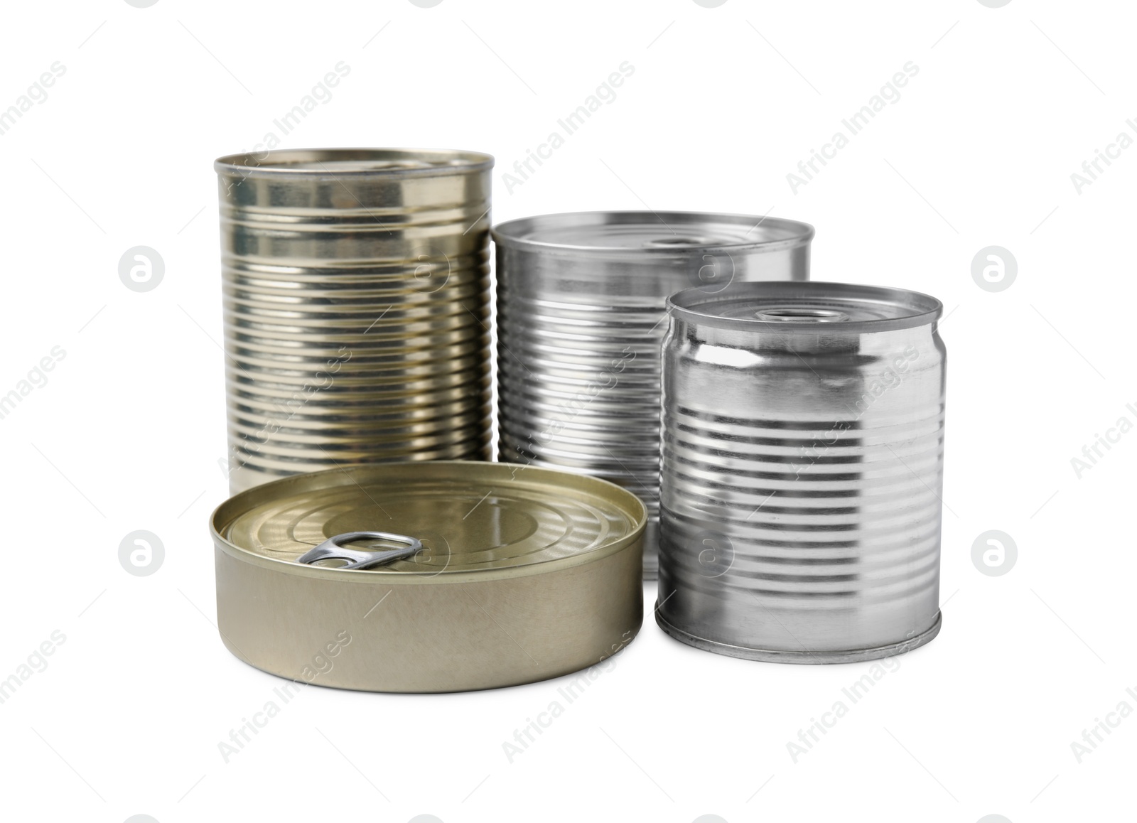 Photo of Many closed tin cans isolated on white