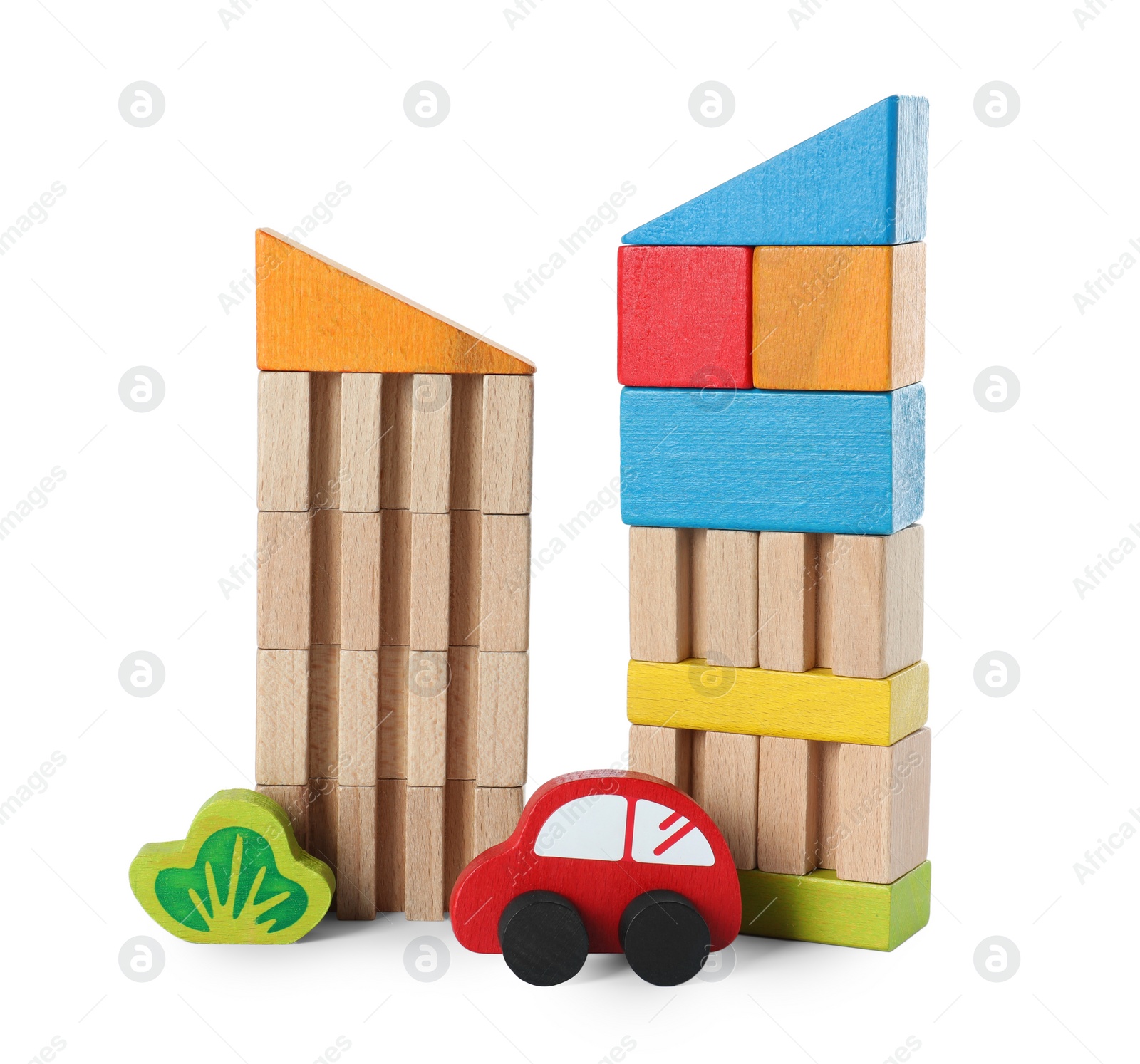 Photo of Set of wooden toys isolated on white. Children's development