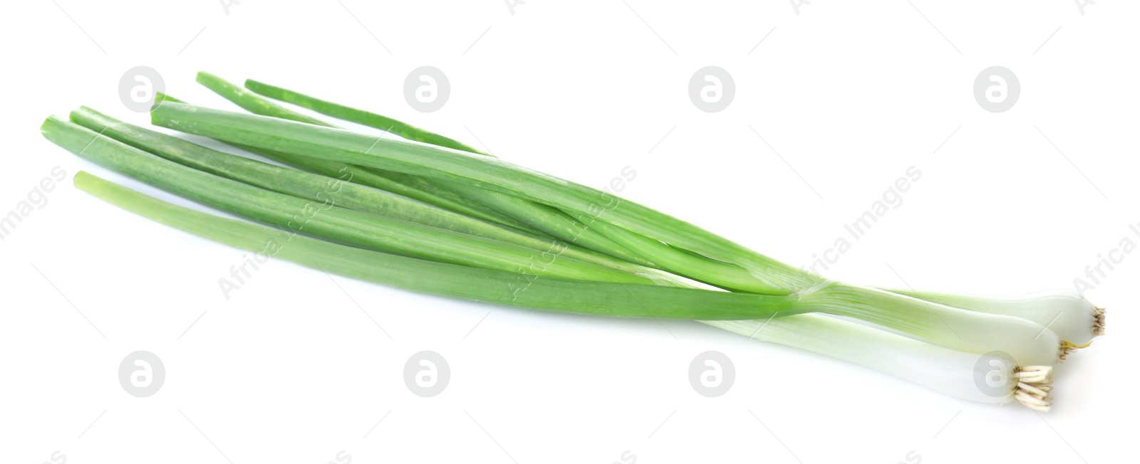 Photo of Fresh ripe green onions on white background