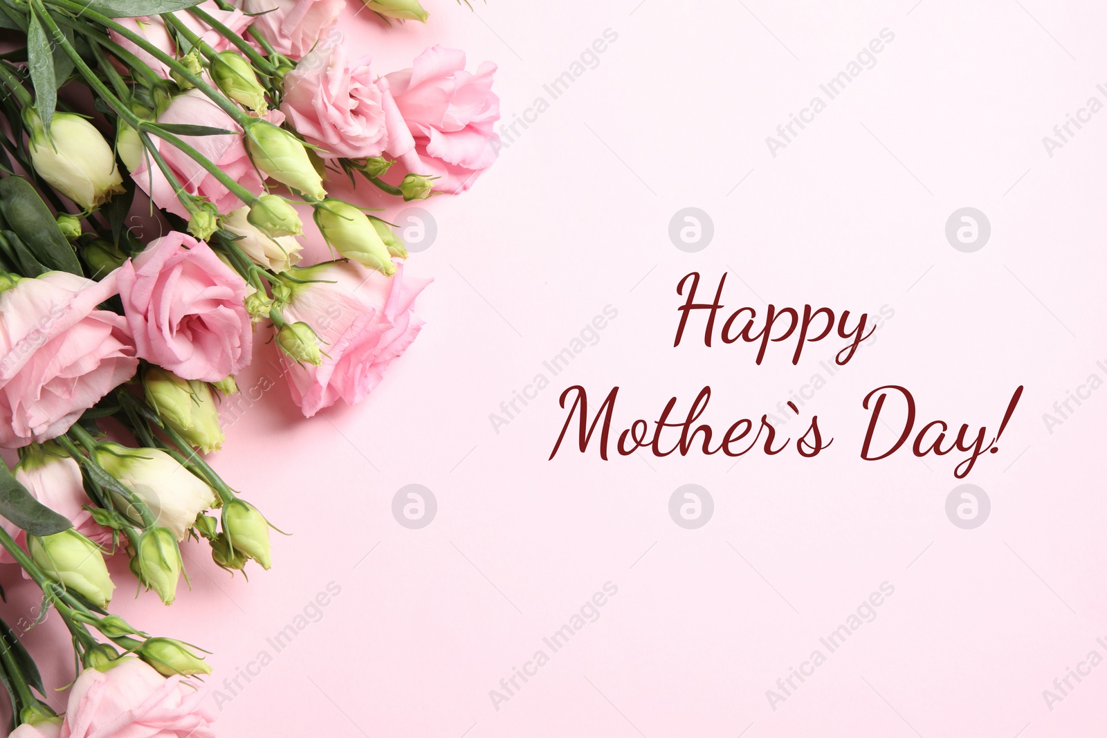 Image of Happy Mother's Day greeting card. Beautiful flowers on pink background