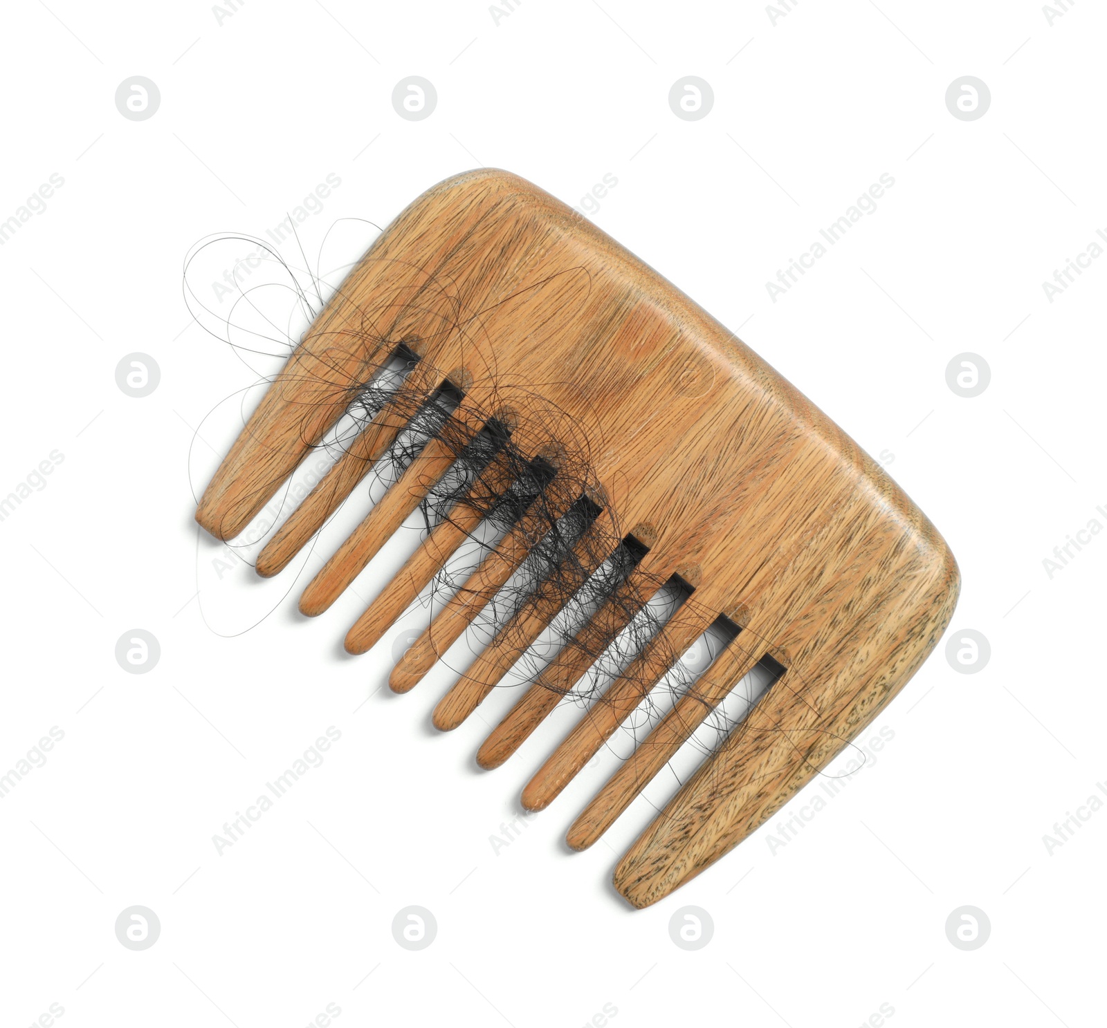 Photo of Wooden comb with lost hair on white background, top view