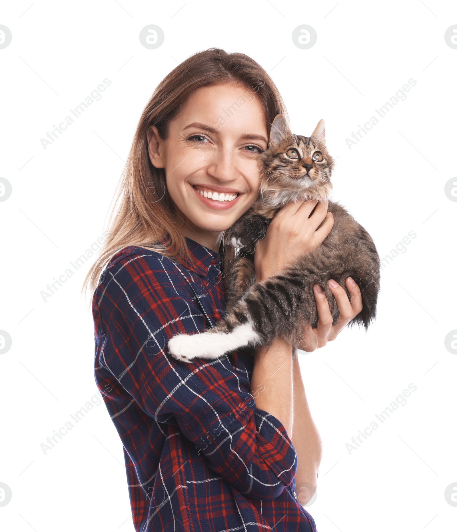 Photo of Young woman with cat on white background. Owner and pet