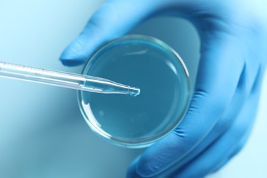 Doctor dripping liquid from pipette into petri dish at light blue table, top view. Laboratory analysis