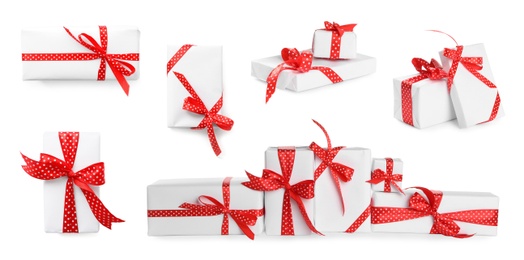 Image of Set of different Christmas gift boxes on white background. Banner design