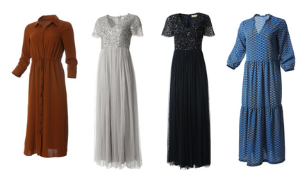 Image of Set of different stylish dresses on white background